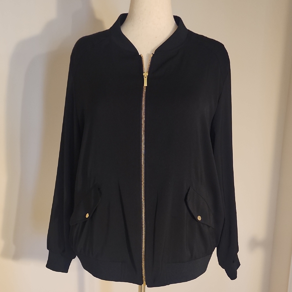 Susan Graver Classic Black Bomber Jacket with Gold Accents